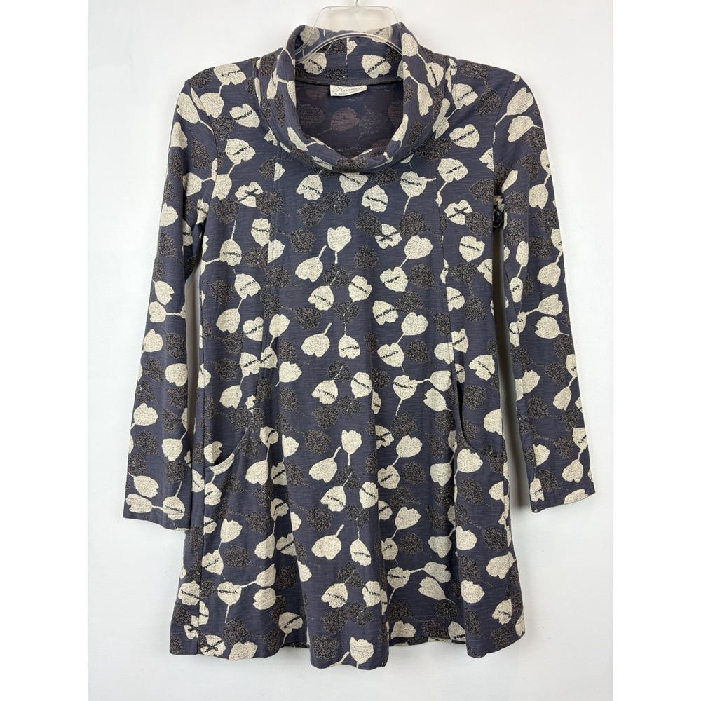 Komil Flute Print Top Small Jersey Tunic Blue All Over Bold Artsy Boho Cowl Neck